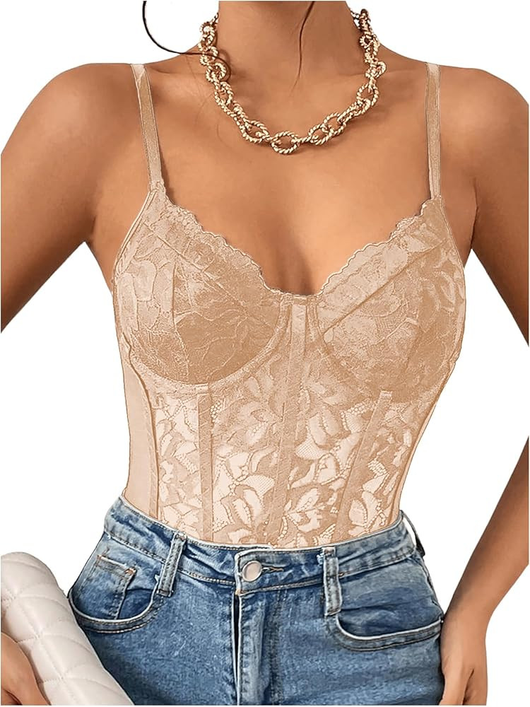 Milumia Women's Sexy Sheer Mesh Lace Bodysuit Spaghetti Strap Bustier Corset Tops Rave Party Club | Amazon (US)