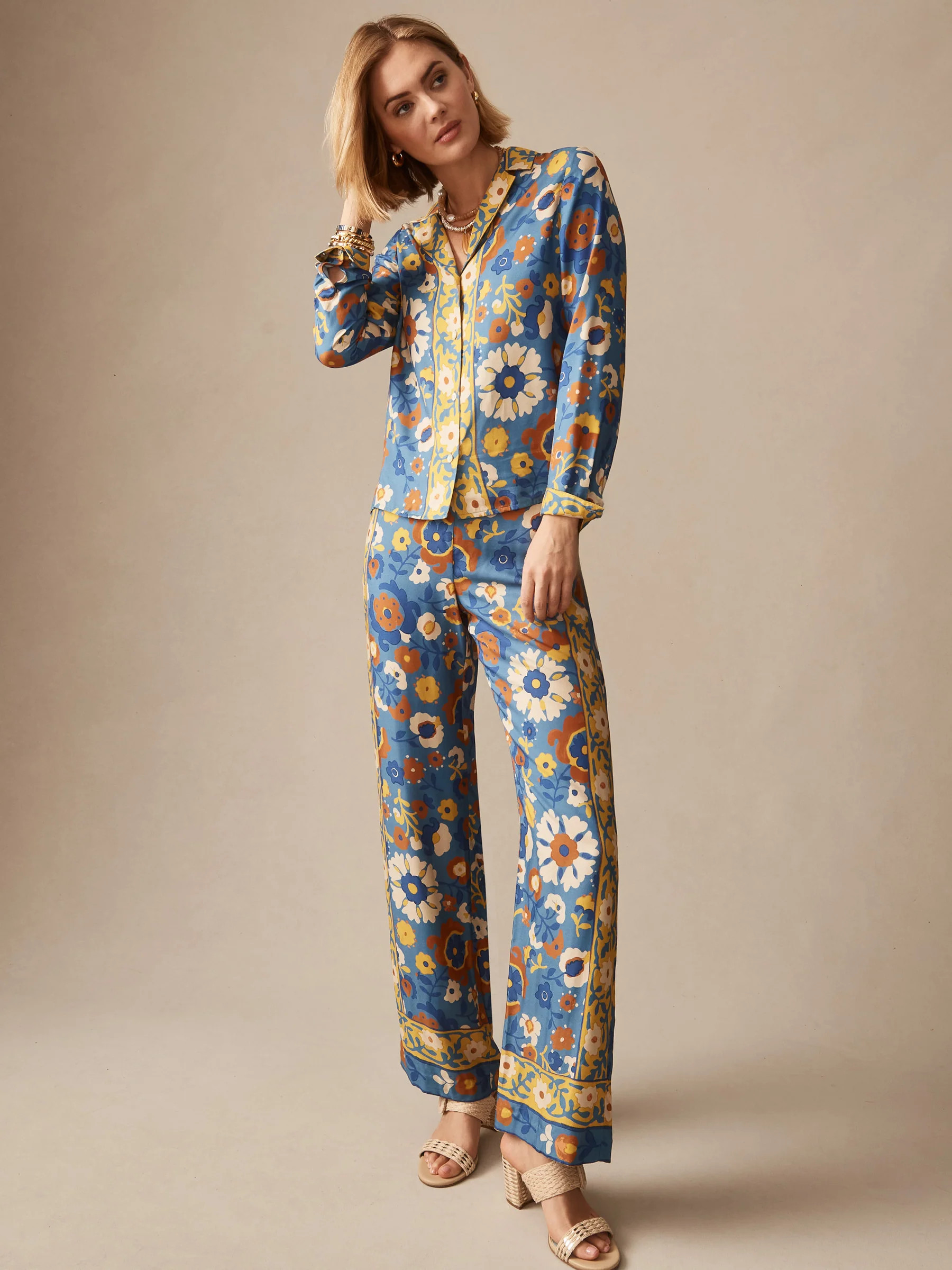 Blue/Yellow/Brown Floral Daydream Edge Carter Pants | Women's Pants | J.McLaughlin | J.McLaughlin