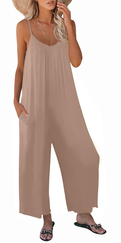 Womens Casual Sleeveless Strap Loose Adjustable Jumpsuits Stretchy Long Pants Romper with Pockets | Amazon (US)