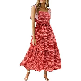 Wenrine Womens Summer Floral Maxi Dress Smocked Tie Shoulder Boho Sleeveless Ruffle Tiered Casual... | Amazon (US)