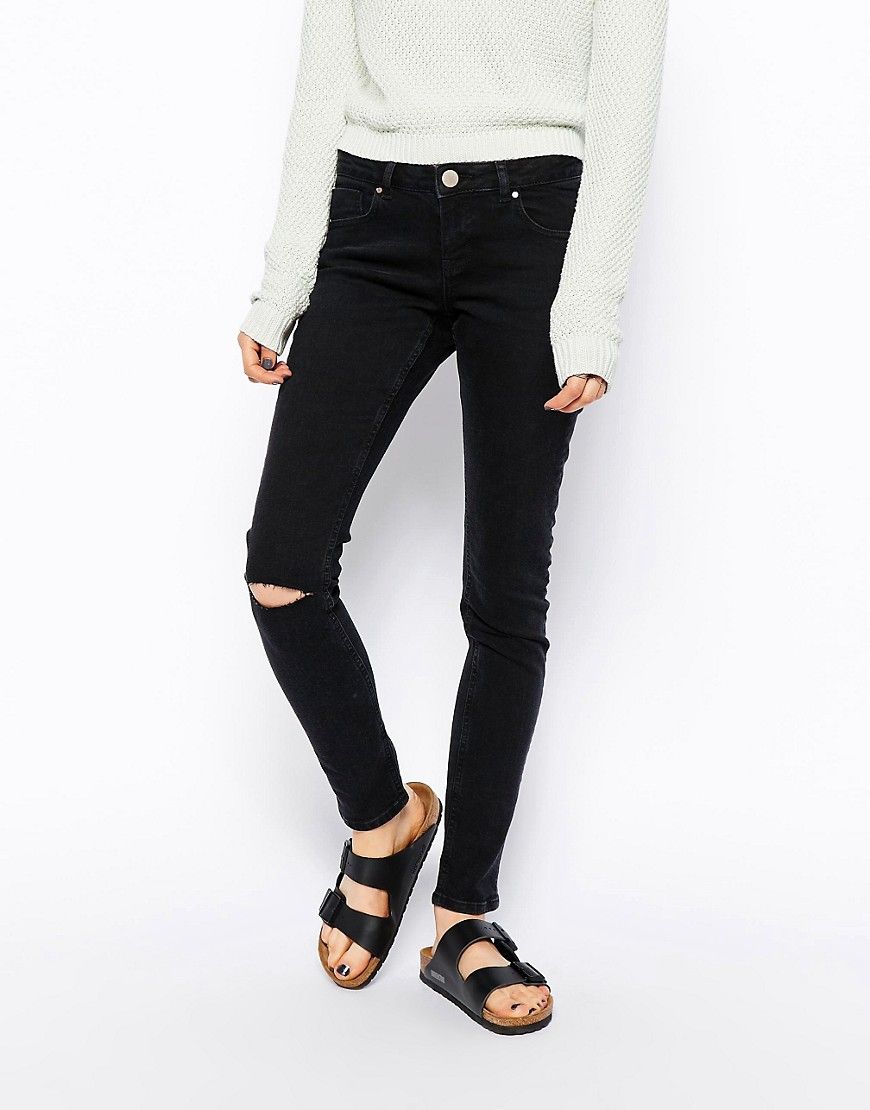ASOS Whitby Low Rise Skinny Jeans in Washed Black With Ripped Knee - Washed black | Asos ROW