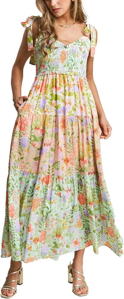 Women Boho Floral Sun Dress Tie Strap Sleeveless V Neck Patchwork Smocked Long Flowy Maxi Dress w... | Amazon (US)
