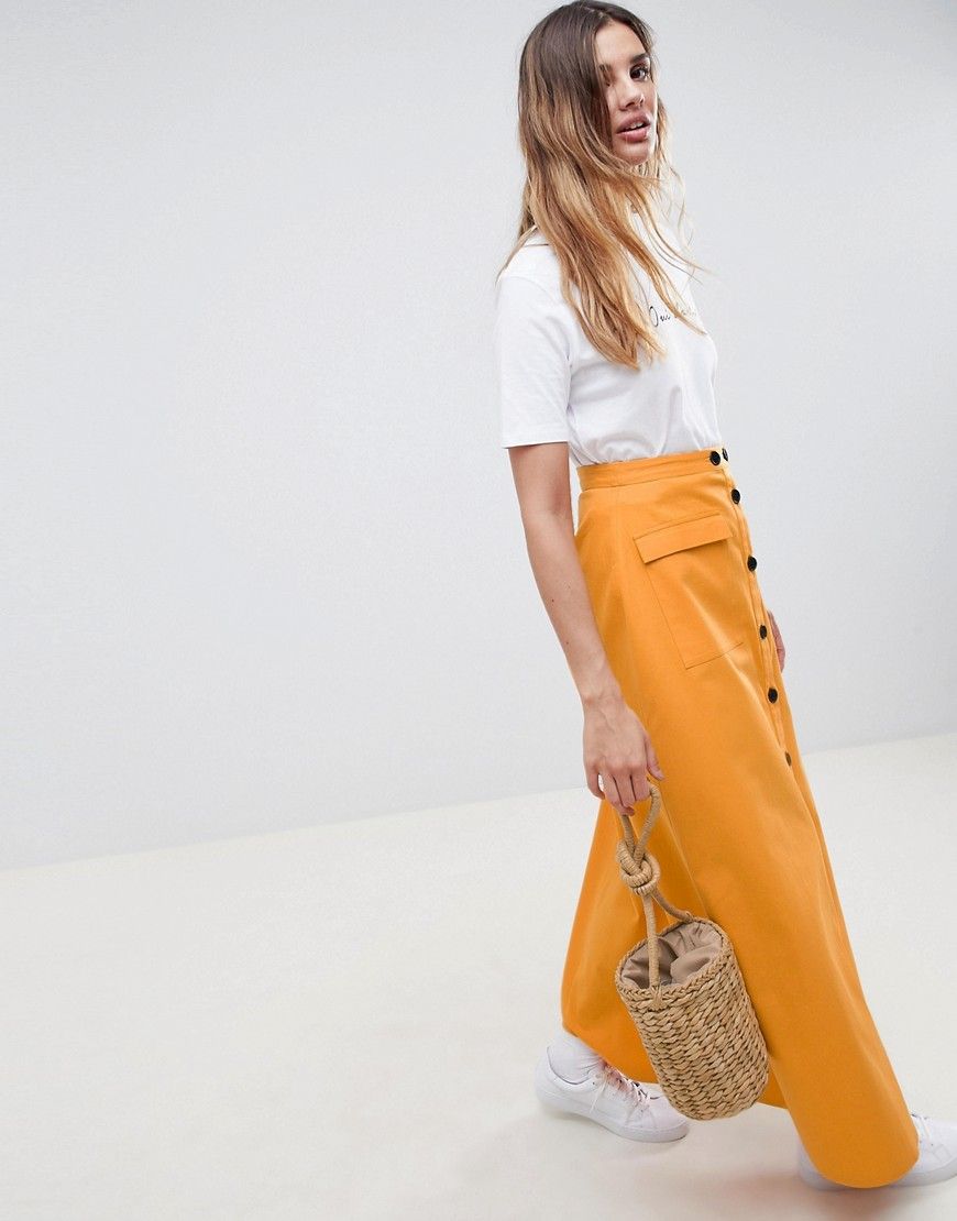 ASOS DESIGN cotton twill maxi skirt with button front - Orange | ASOS US
