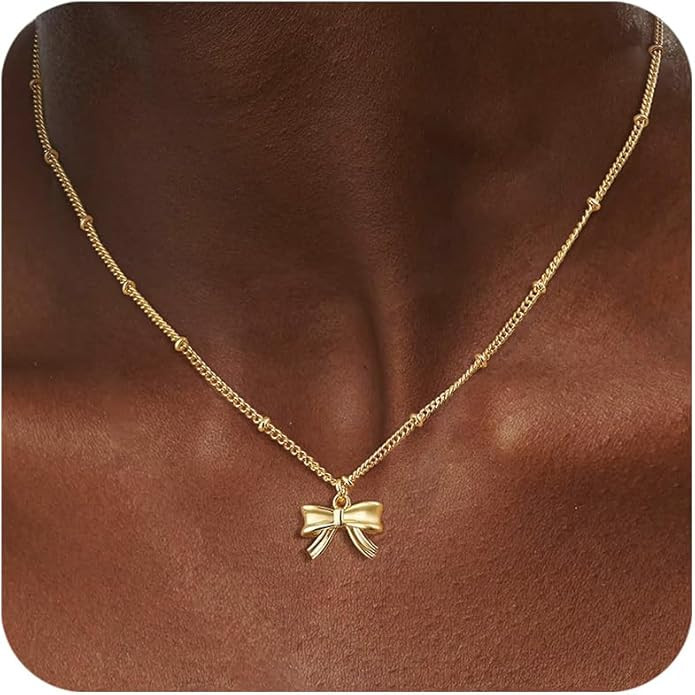 Bow Necklace for Women, Dainty 14K Gold/Silver Plated Bowknot Choker Necklace for Women Beads Cha... | Amazon (US)