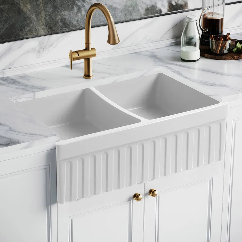Whitehaus Collection 33” Reversible Double Bowl Fireclay Kitchen Sink: Lip and Fluted, Lip Fron... | Wayfair North America