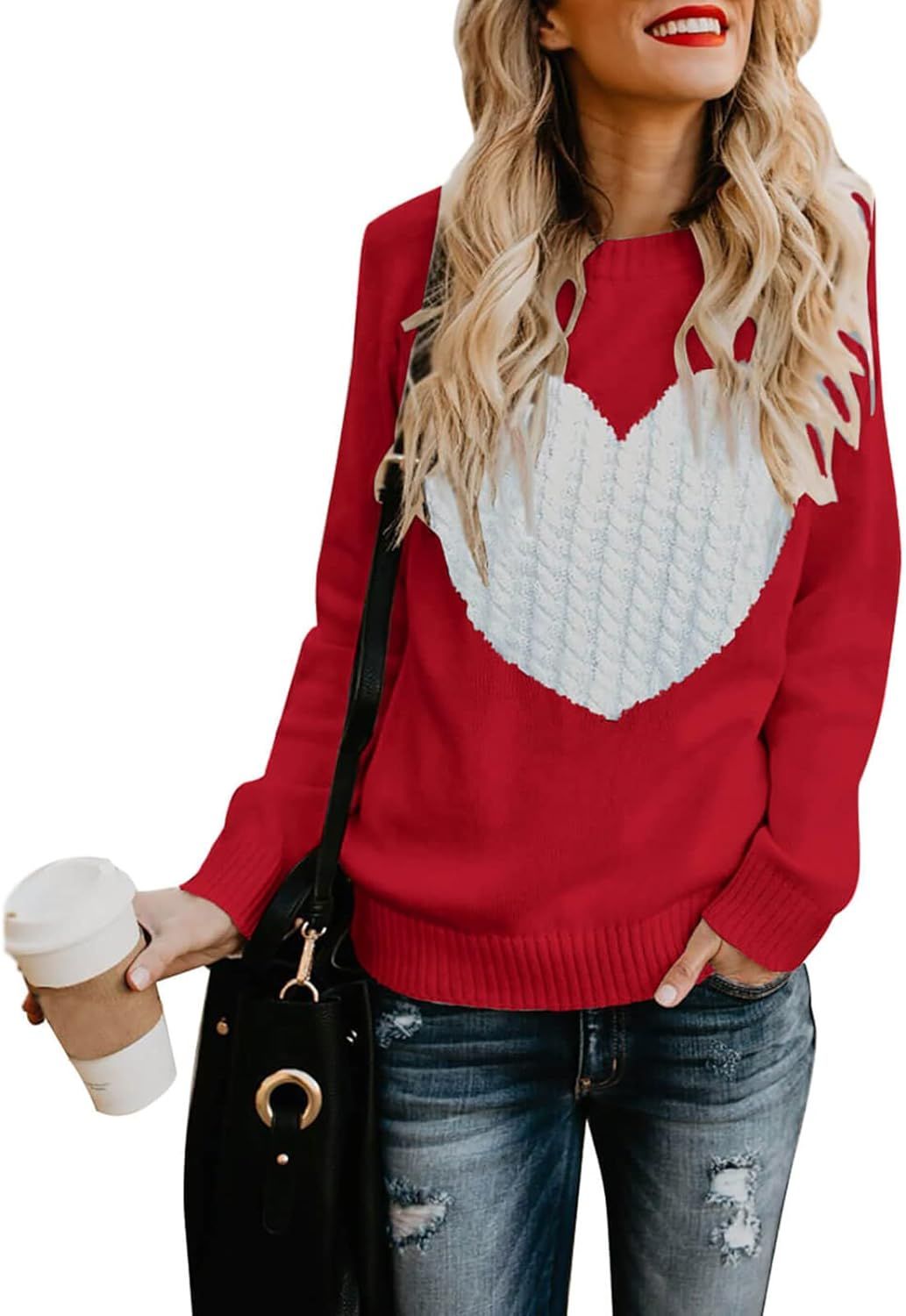 shermie Women's Pullover Sweaters Long Sleeve Crewneck Cute Heart Knitted Casual Sweater | Amazon (US)