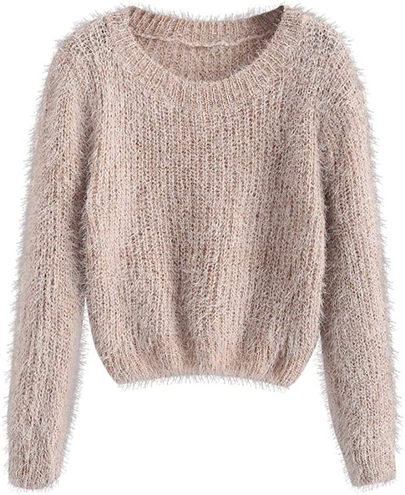 ZAFUL Women's Fuzzy Fluffy Long Sleeve Heathered Knit Pullover Sweater Jumper | Amazon (US)