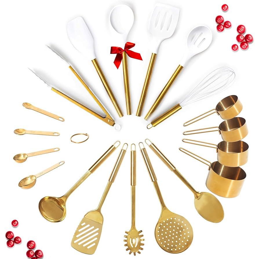 Gold Kitchen Utensils Set - 19-Piece Set Includes Stainless Steel Gold Utensils, White Silicone T... | Amazon (US)
