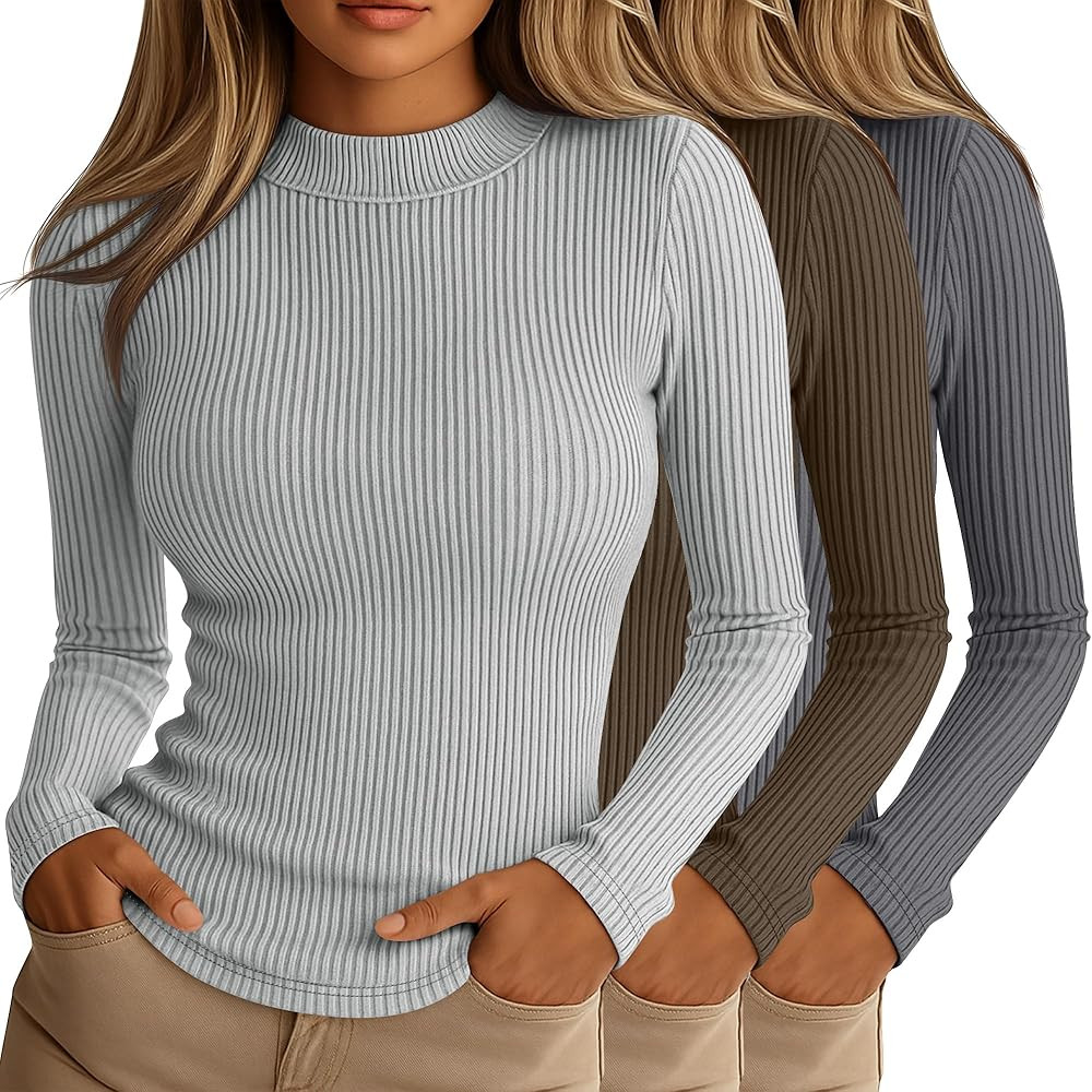 Riyiper 3 Pack Women's Ribbed Shirts, Mock Turtleneck Long Sleeve Tops Slim Fitted Undershirts Ca... | Amazon (US)