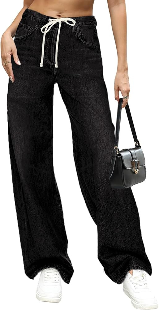 Allimy Womens Drawstring High Waist Wide Leg Jeans Straight Leg Washed Denim Jeans Pants | Amazon (US)