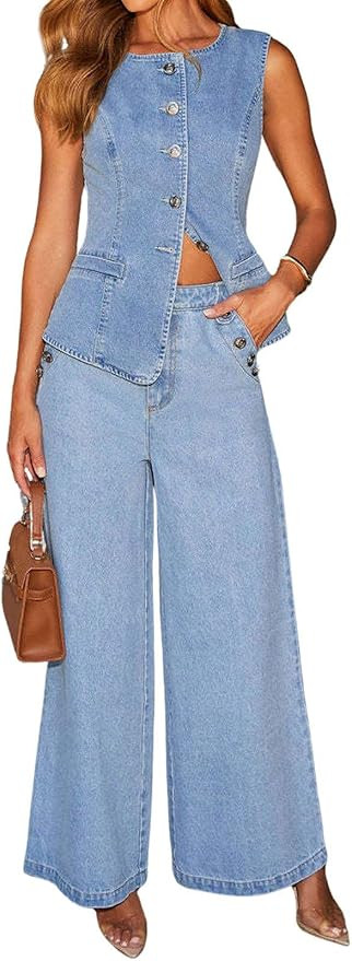 loveimgs Women 2 Piece Denim Set Button Sleeveless Jean Vest Denim Top Y2k Shirt Wide Leg Jeans P... | Amazon (US)