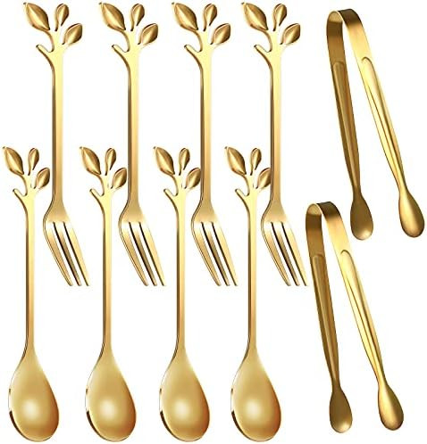 Amazon.com | 10 Pieces Gold Leaf Coffee Spoons, Mini Serving Tongs and Appetizer Forks Stainless ... | Amazon (US)