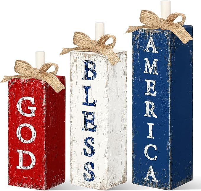 Seeloowy 3 Pcs 4th of July Tiered Tray Decor Patriotic Wooden Table Sign and Blocks Rustic Farmho... | Amazon (US)