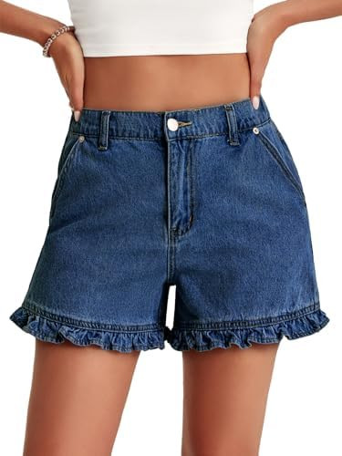 Aoysky Womens Summer Ruffle Denim Shorts Cute High Waisted Cotton Short Jeans with Pockets | Amazon (US)