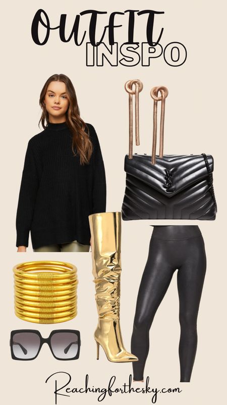 Casual chic. Outfit inspo. Faux leather leggings. Gold bracelet. All black outfit. Over the knee boot. Gold boot. Puffer bag 

#LTKstyletip