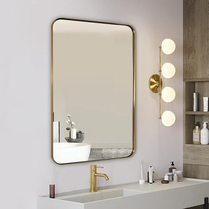 ANDY STAR Gold Bathroom Mirror, 22" x 30" Brushed Brass Metal Wall Mirror, Rounded Rectangle Mirr... | Amazon (US)