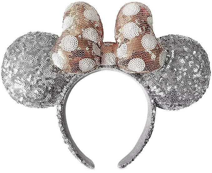 Disney Parks Minnie Mouse Ears Sequined Headband - Silver with Gold Bow | Amazon (US)