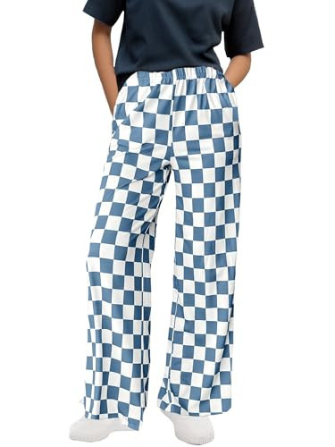 WSPLYSPJY Women's Casual Checkered Pants Elastic Waist Comfy Loose Wide Leg Pants with Pockets,XS - XXL Blue and White M | Amazon (US)