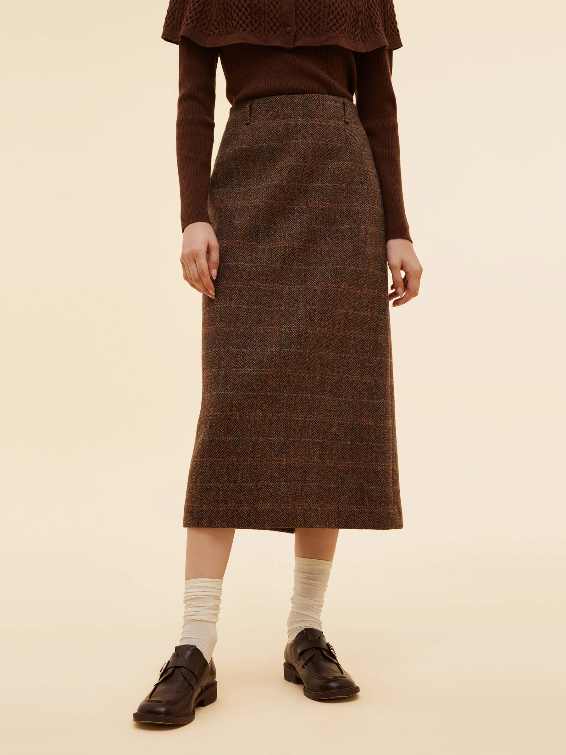 100% Wool Plaid Women Column Skirt | GOELIA