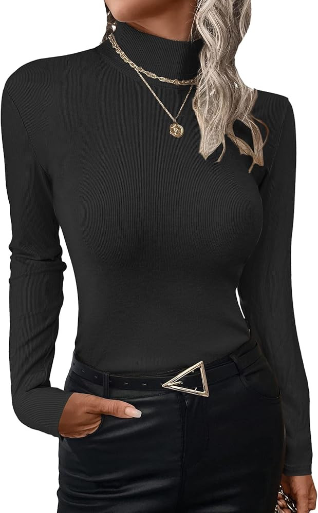 Womens Ribbed Long Sleeve Mock Neck Tops Fall Winter Fitted Shirts for Women 2025 | Amazon (US)