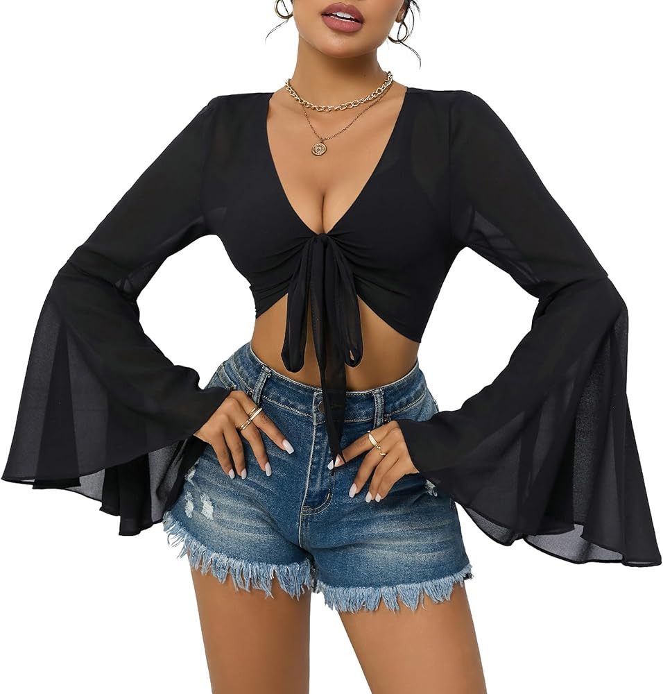 Mesh Tops for Women Bell Sleeve Rave Outfits Tie Front Crop Top Long Sleeve Shirt Sheer Blouse Fe... | Amazon (US)