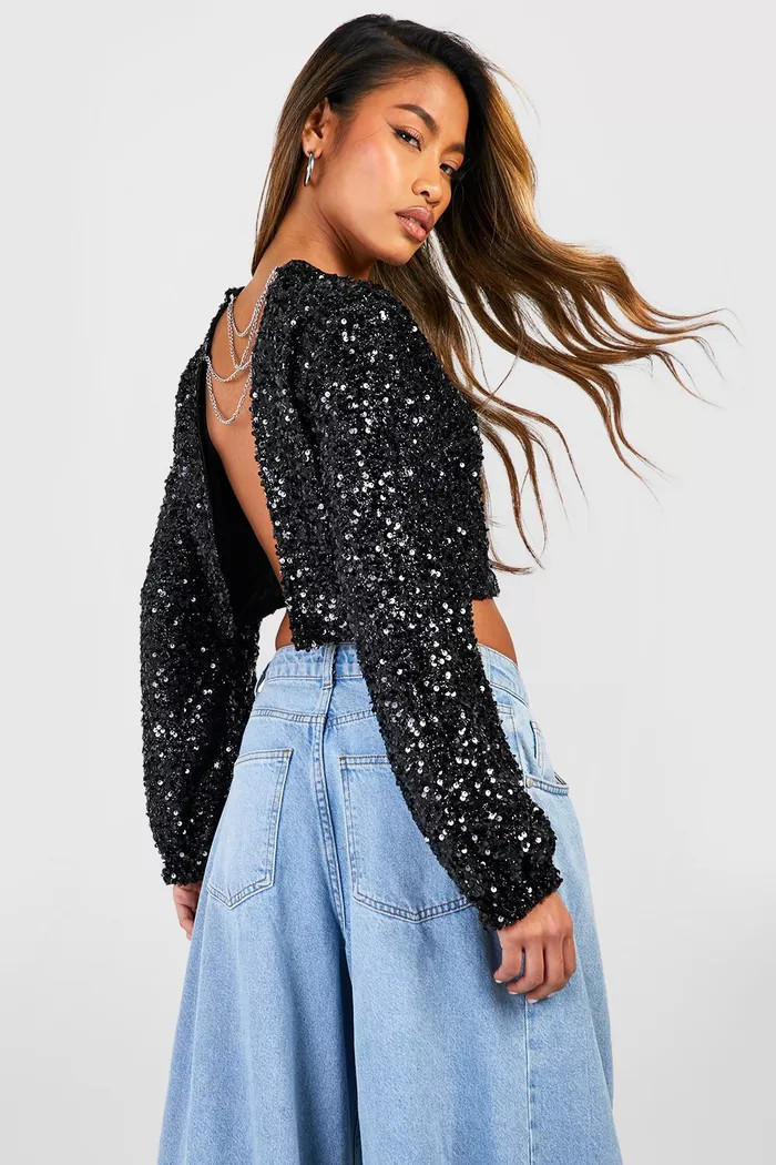 Black Sequin Chain Back Detail Long Sleeve Top | Boohoo.com (UK & IE)