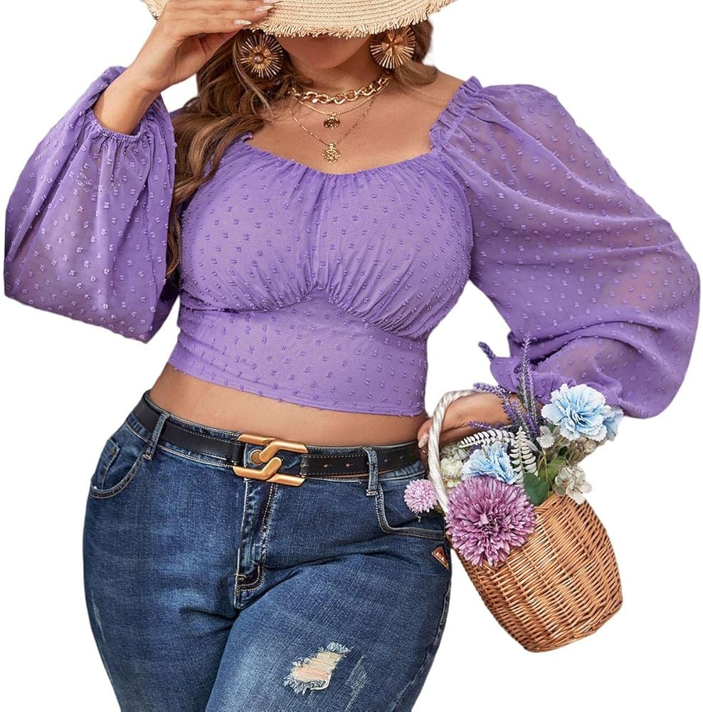 Floerns Women's Plus Size Swiss Dot Sweetheart Neck Bishop Sleeve Shirred Detail Crop Tops Blouse | Amazon (US)