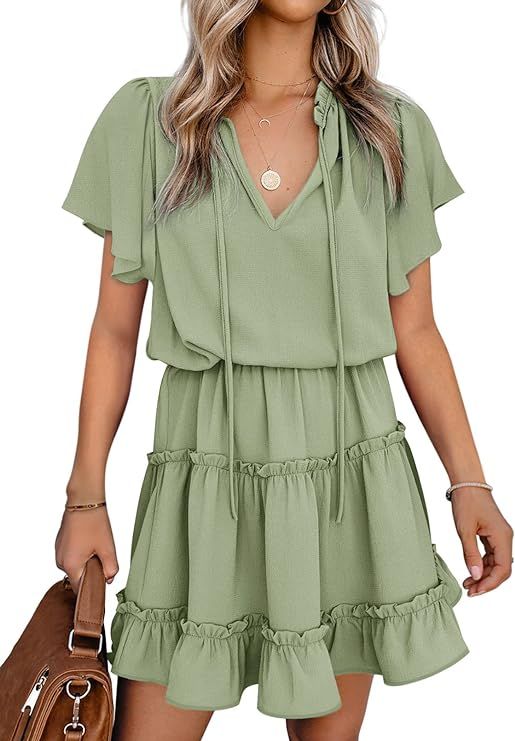 Dokotoo Womens 2024 Short Sleeve Split V Neck Ruffle Chiffon Elegant Mini Short Skirt Dresses | Amazon (US)