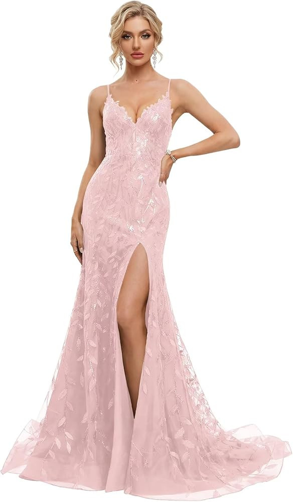 Leaf Sequin Lace Mermaid Prom Dresses for Women Teens 2026 with Slit Corset Formal Gowns and Even... | Amazon (US)