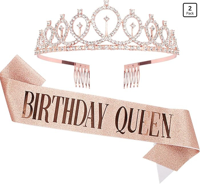 CAVETEE Birthday Crown and Sash for Women - Rose Gold Rhinestone Tiara Set and Sash for Decoratio... | Amazon (US)