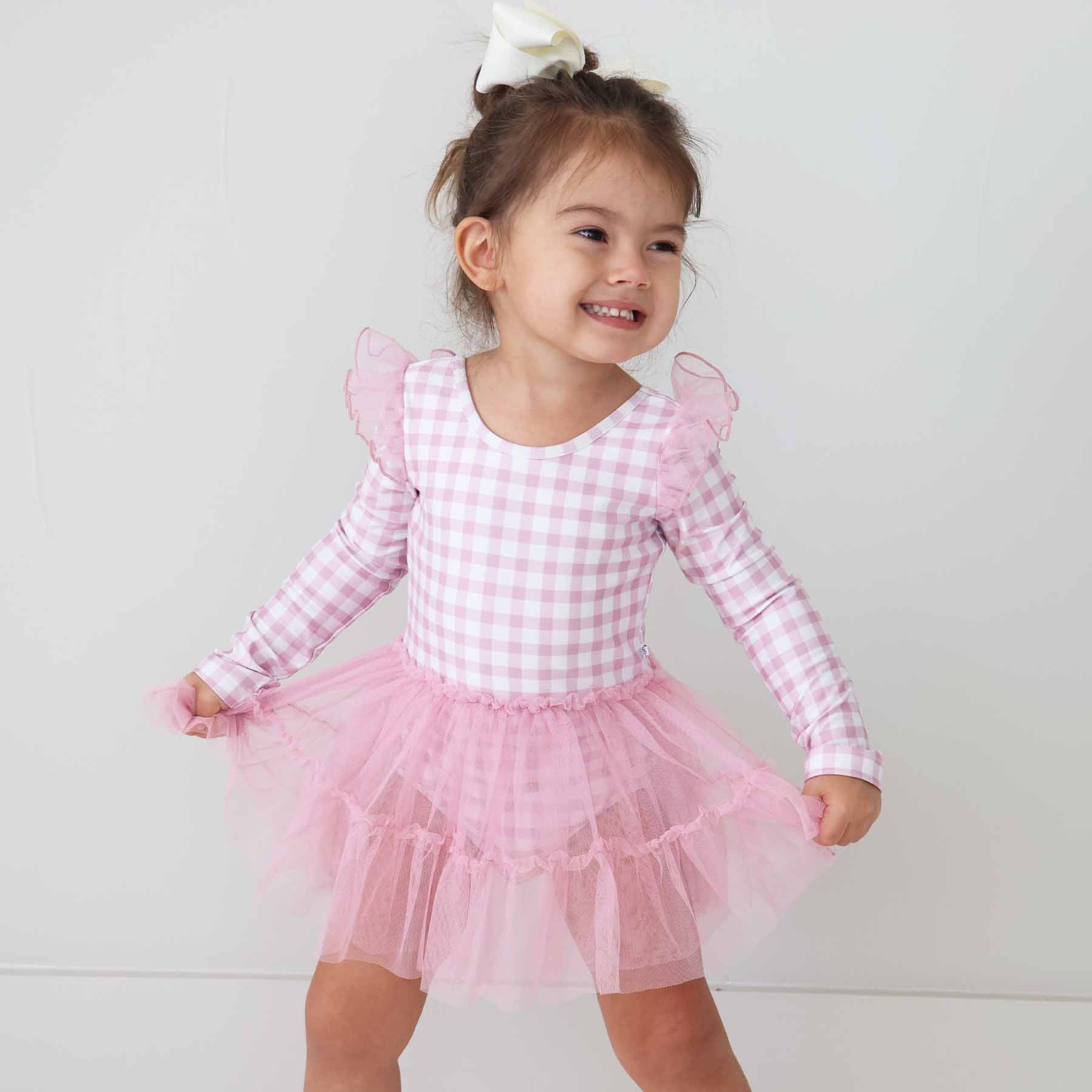 Long Sleeve Ruffle Skirt Leotard | Girly Gingham | Caden Lane