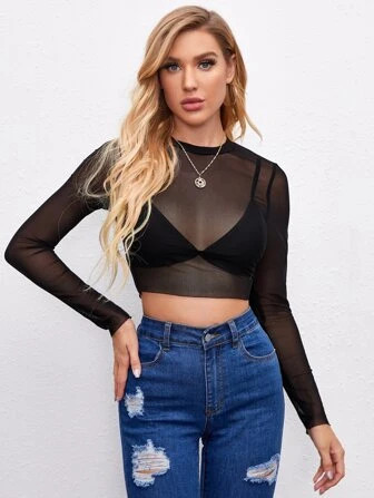 SHEIN BAE Sheer Mesh Long Sleeve Crop Top Without Bra | SHEIN