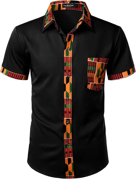 LucMatton Men's Kente Print Short Sleeve Button Down Dress Shirt African Attire Tribal Graphic Da... | Amazon (US)