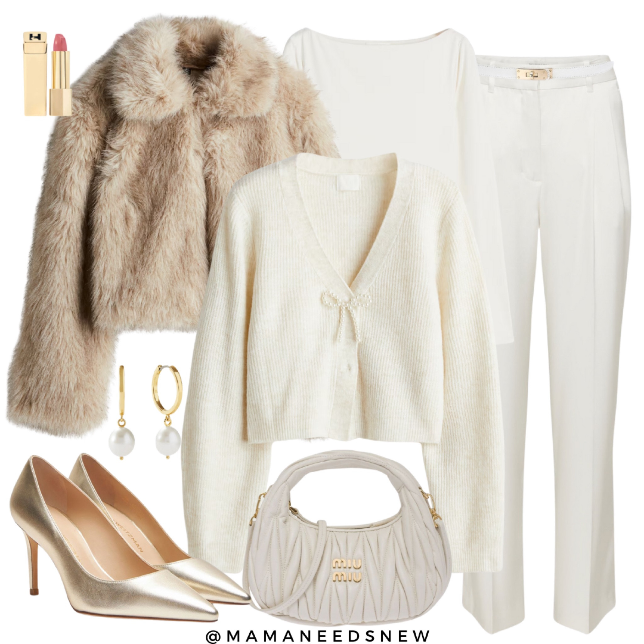 A neutral holiday outfit with a bow front cardigan, bodysuit, faux fur short jacket, satin pants & heels 

#LTKParties #LTKSeasonal #LTKHoliday