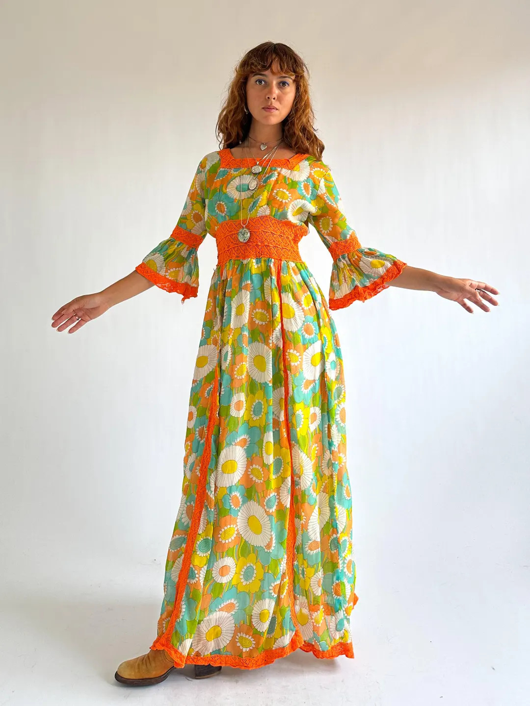 Vintage 1970s Mexican Floral Maxi Dress / Green Orange Prairie Dress / Crochet Trim Bell Sleeve B... | Etsy (US)