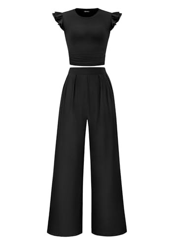 KIRUNDO Two Piece Sets For Women Summer 2026 Casual Cap Sleeve Crop Tops Wide Leg Pants Matching ... | Amazon (US)