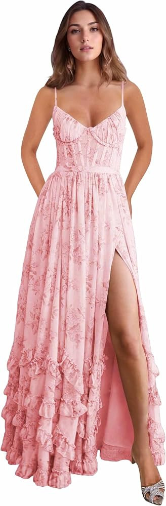 Floral Print Chiffon Bridesmaid Dresses for Women Long V Neck Ruffle Maxi Formal Evening Party Dr... | Amazon (US)