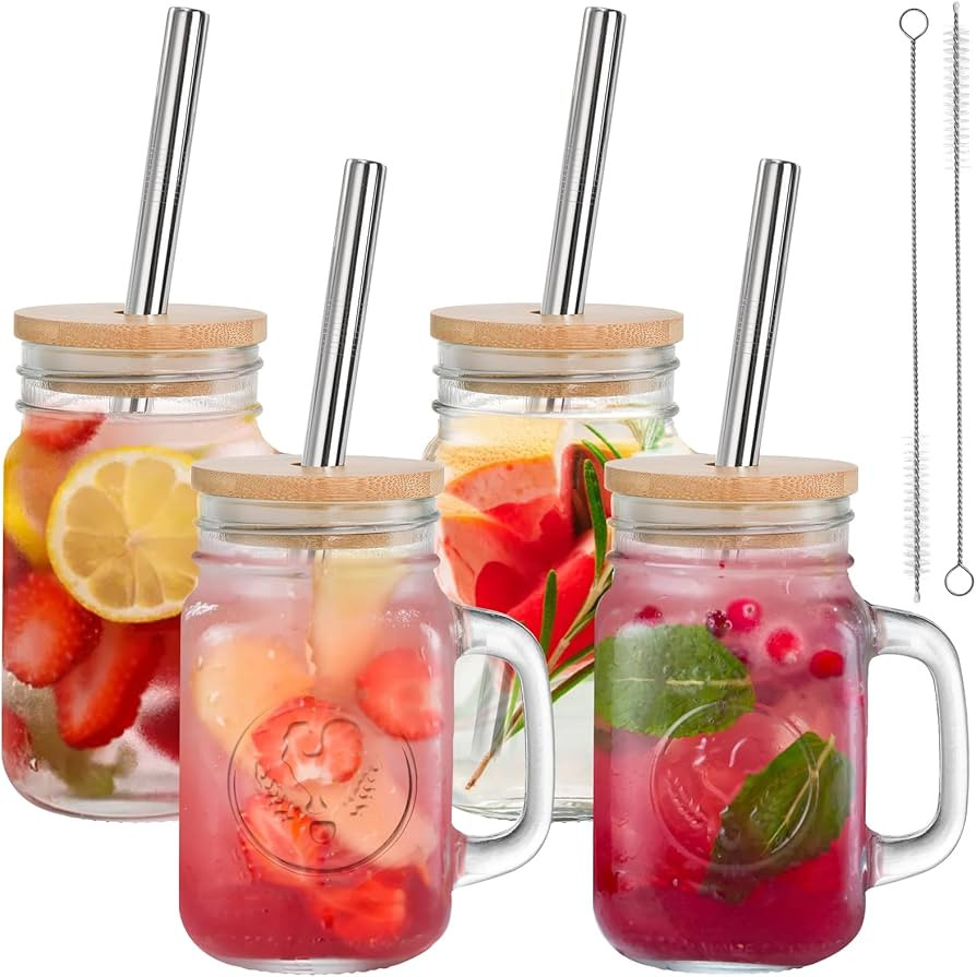 Hacaroa 4 Pack Glass Mason Jar Cups with Bamboo Lid and Straw, 16 Oz Regular Mouth Mason Mugs Dri... | Amazon (US)