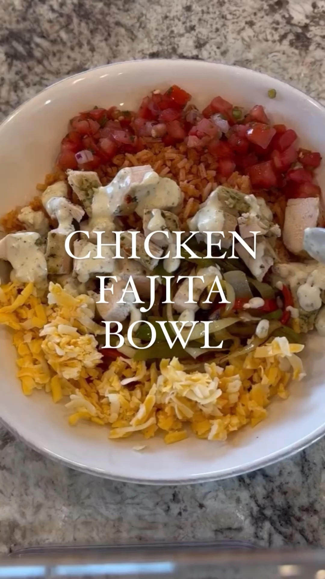 Chicken fajita bowl 

	•	Rice 
2 cups basmati or long grain white rice 
2 cups bone broth
1 jalapeño 
About 1 cup white onion 
1/4 cup tomato sauce 
1 tbsp tomato paste 
2 ripe Roma tomatoes 
1 tbsp garlic 
	•	Other ingredients 
Chicken breast
Verde Salsa for chicken marinade 
1 green bell pepper, 1 red bell pepper, 1/2 white onion 
Colby jack cheese
Pico de gallo salsa 
Creamy jalapeño ranch or salsa + lime wedge and cilantro for toppings.  

I marinate my chicken in a ziploc with verde salsa for a few hours and cook it on the Traeger at 395 for 8 min on each side or until internal temp is 165 degrees. 

For the rice:
Blend the tomato onion jalapeño garlic tomato sauce and tomato paste until smooth. In a pot over medium heat, lightly toast your rice in olive oil and then add in your blender ingredients + bone broth + salt/pepper. Bring to a boil then simmer on low  for 20 min undisturbed, then turn the heat off and let it sit, covered,  for an additional 10 min. 

While your chicken is on the grill, slice and sauté your bell peppers and onion in olive oil over medium heat until cooked to your liking. 
Plate your rice and add your bell peppers/onions, chicken, cheese, pico and top with sauce or salsa of your choice! I used a creamy jalapeño sauce from our local Chuys restaurant 🤪 🙌🏽 enjoy! 

*i froze half of the cooked rice in a vacuum sealed bag for later use*

#LTKFindsUnder50 #LTKFamily #LTKVideo