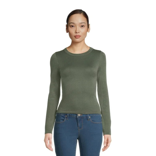 No Boundaries Juniors’ Crewneck Waffle Tee with Long Sleeves, Sizes XS-XXL | Walmart (US)