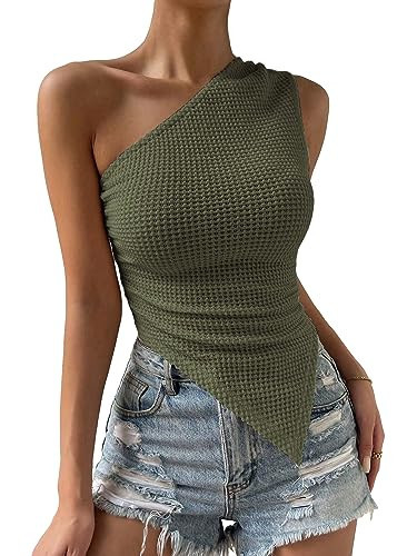 SOLY HUX Women's Sleeveless One Shoulder Ruched Asymmetrical Hem Tank Top Summer Tops Plain Army Green M | Amazon (US)