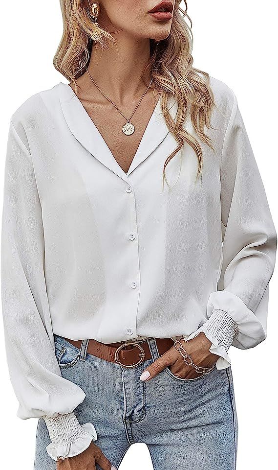 LOMON Womens Casual Tops V Neck Long Sleeve Button Down Shirt Chiffon Blouse | Amazon (US)