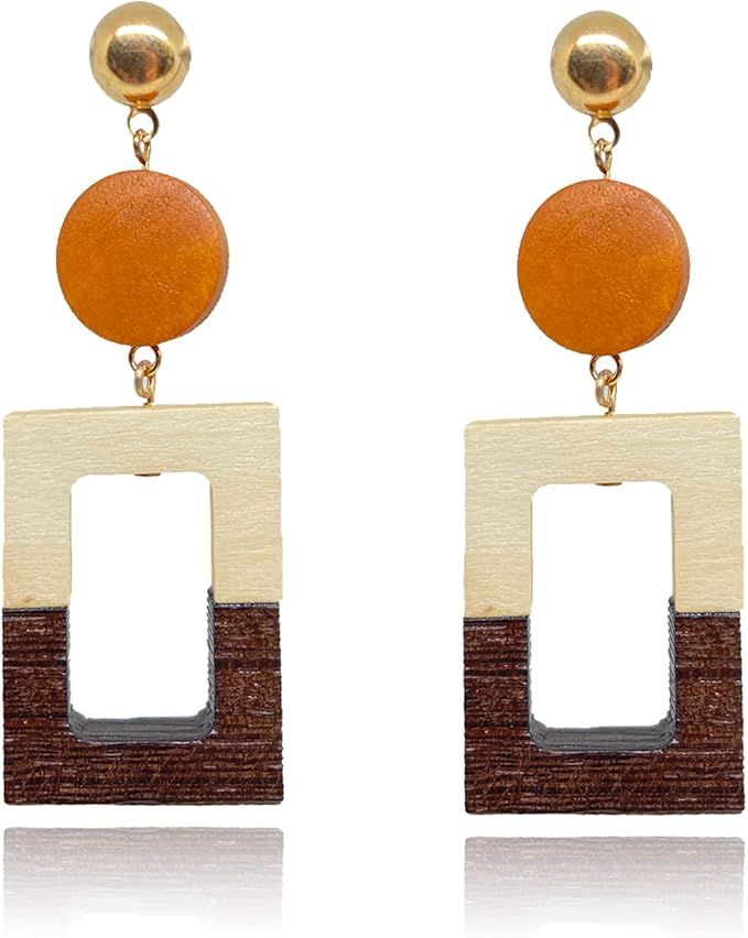 QUPENGXU Lightweight Resin Wood Dangle Drop Earrings Fashion Geometric Hollow Earrings For Women ... | Amazon (US)