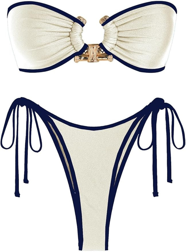 ZAFUL Metal Ring Bandeau Bikini Set Tie Side Bathing Suit High Cut 2 Piece Swimsuit Cutout Swimwe... | Amazon (US)