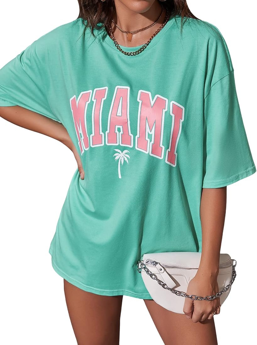 Verdusa Women's Loose Drop Shoulder Tree Miami Letter Graphic Oversized Longline Tee Shirt Tops | Amazon (US)