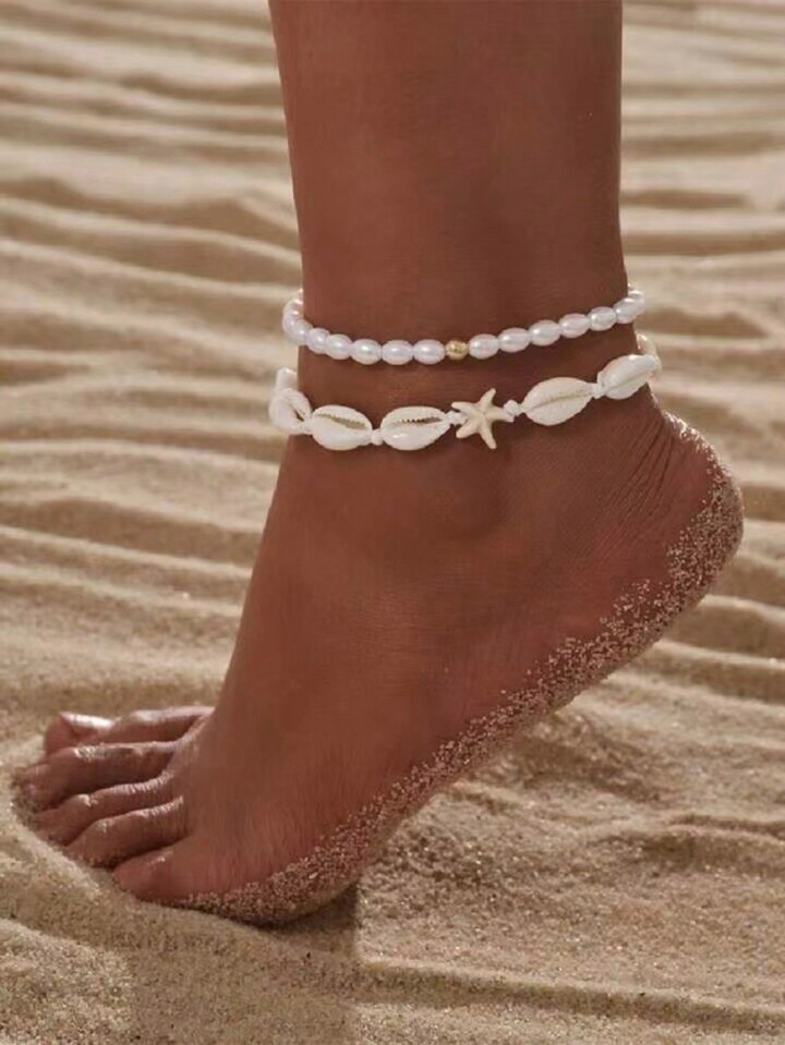 2pcs Bohemian Beach Style Starfish & Shell Beaded Faux Pearl Woven Anklet Set For Women, Beach Gi... | SHEIN