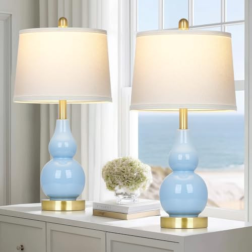 25" Modern Ceramic Table Lamps Set of 2, Blue Double Gourd Ceramic Lamps for Living Room, Coastal... | Amazon (US)
