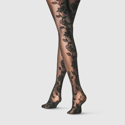 Women's Floral Back Tights - A New Day™ Black L/XL: Sheer High Waisted Hosiery, Nylon Spandex Blend, Tagless Design | Target