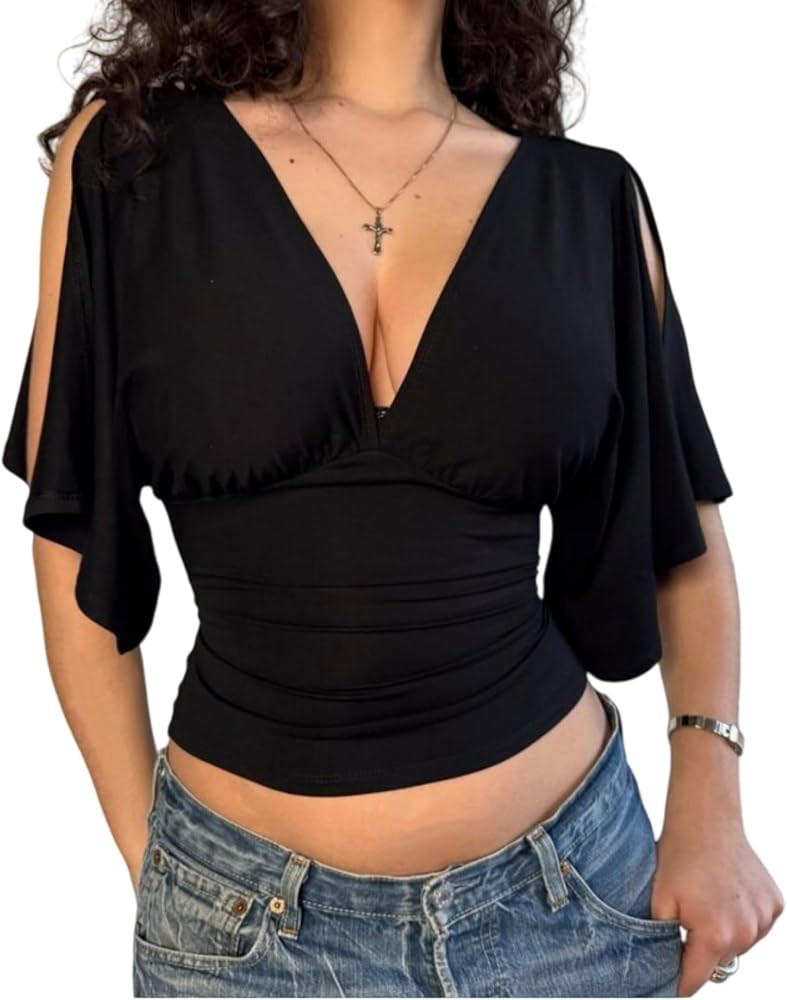 Women\u2019s Deep V Bell Sleeve Crop Top Slim Elegant Tie Front Casual Going Out Shirt | Amazon (US)