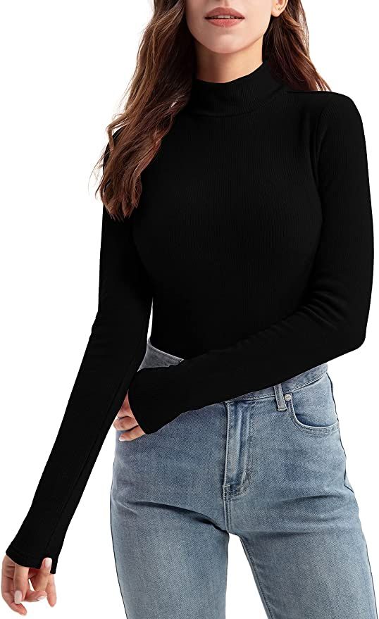 Zengjo Womens Mock Neck Long Sleeve Tops Ribbed Thermal Base Layer Shirt Stretch | Amazon (US)